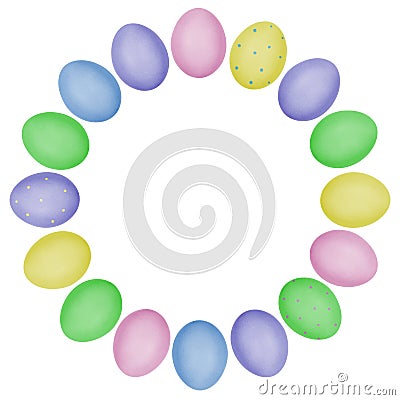 Round Easter frame made of photos of painted eggs. Closeup photos of isolated eggs with eggshell texture. Happy Easter concept. Stock Photo