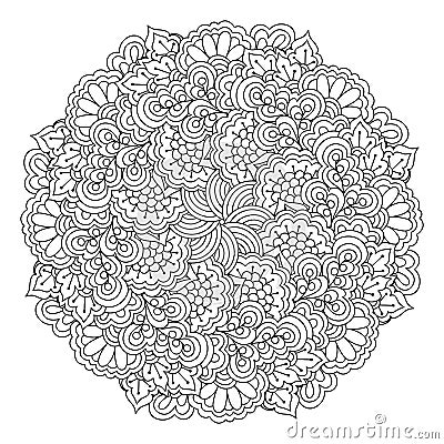 Round element for coloring book. Black and white floral pattern. Vector Illustration