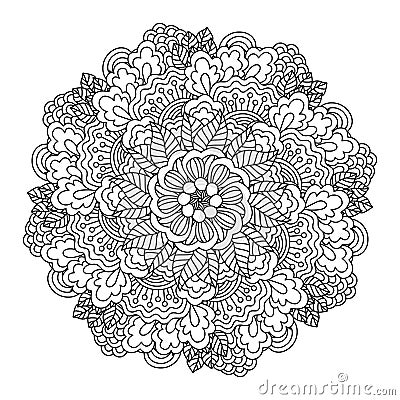 Round element for coloring book. Black and white floral pattern. Vector Illustration