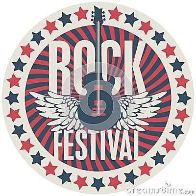 Round emblem with the guitar for a rock festival Vector Illustration