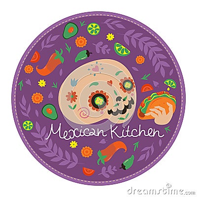 Round emblem of Mexican kitchen with skull and tacos. Vector graphics Vector Illustration