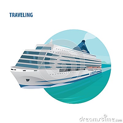 Round emblem on white background with cruise ship Vector Illustration