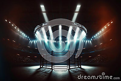 Round empty cage boxing ring in light of spotlights box kickboxing mixed martial arts MMA Stock Photo