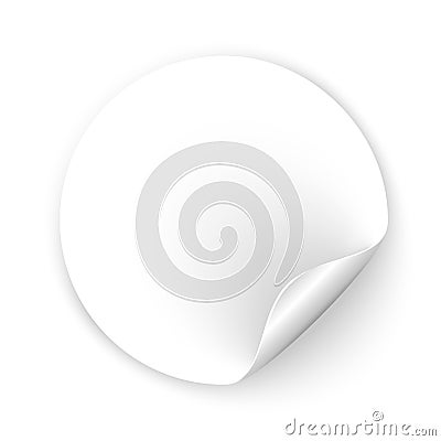 Round empty sticker with rolled corner and shadow. Realistic blank white promotional label with curled edge. Adhesive circle price Cartoon Illustration
