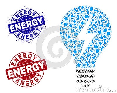 Electric Bulb Mosaic of Fractions with Energy Grunge Seal Stamps Stock Photo