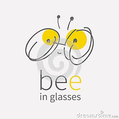 Round eye glasses Logo.Linear hand draw cartoon smiling cute little bee.Kawai bug icon.Flat sign.Business internet Vector Illustration