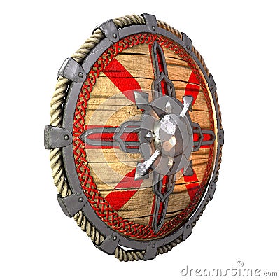 Round fantasy wooden shield with iron inserts on an isolated white background. 3d illustration Cartoon Illustration