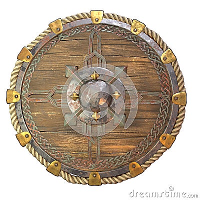 Round fantasy wooden shield with iron inserts on an isolated white background. 3d illustration Cartoon Illustration