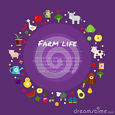 Round farm flat banners depicting life in countryside animals isolated vector illustration Vector Illustration