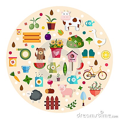 Round farm flat banners depicting life in countryside animals isolated vector illustration Vector Illustration