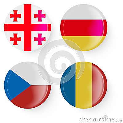 Round flags of Romania, Greece, South Ossetia, Czech Republic. Pin buttons. Vector Illustration