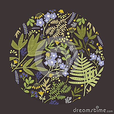 Round floral decorative design element, backdrop or decoration consisted of colorful wild blooming meadow flowers Vector Illustration