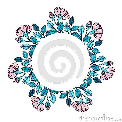 Round floral frame. Frame with pink rose hips and turquoise leaves painted in gouache. Stock Photo