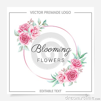 Round floral frame premade logo with blush and burgundy flowers. Editable floral badge for wedding or branding Vector Illustration