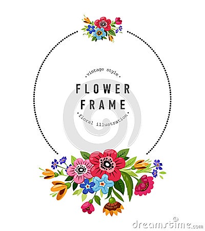 Round flower frame. Template for invitation, greeting card, cover, notebook. Colorful summer flower wreath Stock Photo