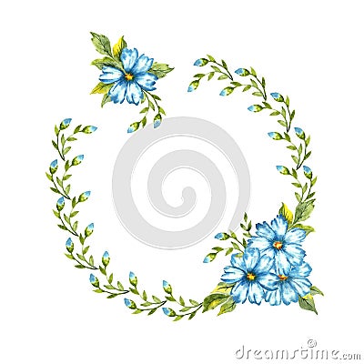 Round frame with blue flax flowers watercolor Cartoon Illustration