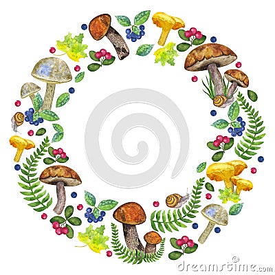 Round frame botanical wreath: edible mushrooms, leaves and berries, fern, snail, grass, cranberry, mountain ash. Hand Cartoon Illustration