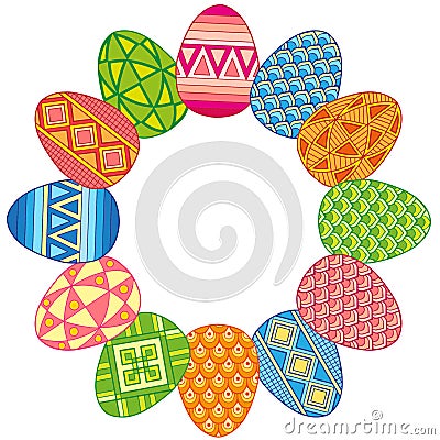 Round frame of bright easter eggs. Vector elements isolated. Background for design of cards to the Easter. Vector Illustration