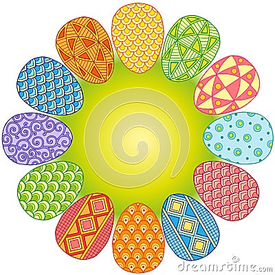 Round frame of bright easter eggs. Vector elements isolated. Background for design of cards to the Easter. Vector Illustration