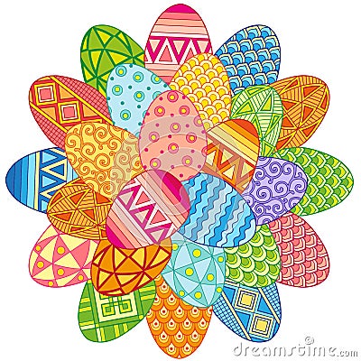 Round frame of bright easter eggs. Vector elements isolated. Background for design of cards to the Easter. Vector Illustration