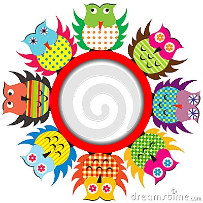 Round frame with cartoon owls Vector Illustration