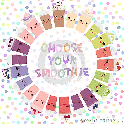 Round frame Choose your smoothies. card design Takeout smoothie blueberry raspberry strawberry kiwi apple blackberry cherry Vector Illustration