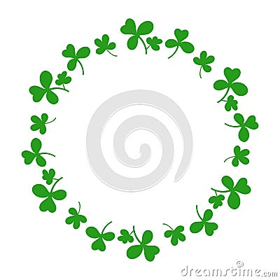 Round frame with clover leaves.Magical plant. Decoration for St. Patrick`s Day with trefoils and quatrefoils. Shamrock. Irish Vector Illustration