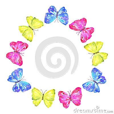 Round frame. Colorful butterflies: yellow, pink, blue. Hand drawn watercolor illustration. Isolated on white background. Stock Photo