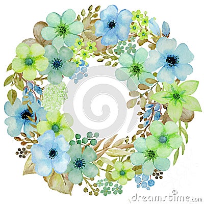 Round frame with colorful hand drawn watercolor herb and flower elements. Stock Photo