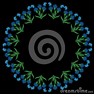 Round frame with corn flower and butterfly embroidery stitches i Vector Illustration