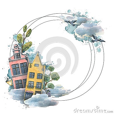 Round frame with cute European houses, clouds, trees and pigeons. Watercolor illustration. For the design and decoration Cartoon Illustration