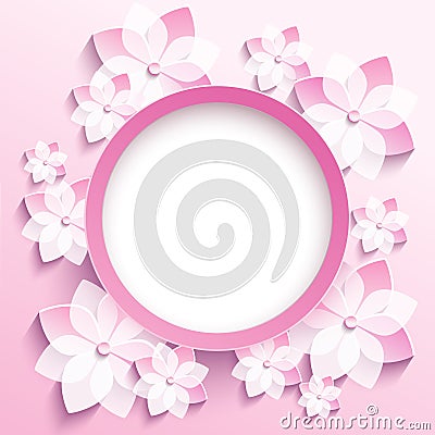 Round frame with 3d pink sakura, greeting card Vector Illustration