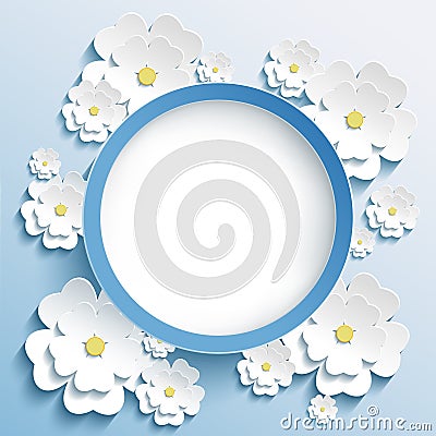 Round frame with 3d sakura, invitation or greeting card Vector Illustration