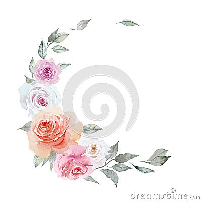 Round frame with delicate colorful roses. Beautiful wreath with red, pink, lilac and white flowers and leaves isolated on white Cartoon Illustration