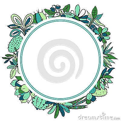 Round frame design template with houseplants, cactuses and succulents. Vector color hand drawn outline sketch illustration Vector Illustration
