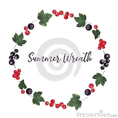 Round frame filled with red and black currant berries and leaves Cartoon Illustration