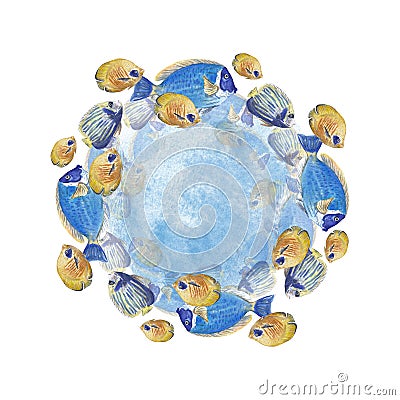 Round frame of a flock of blue and yellow fish on a white background. Watercolor illustration of tropical animals and underwater Cartoon Illustration