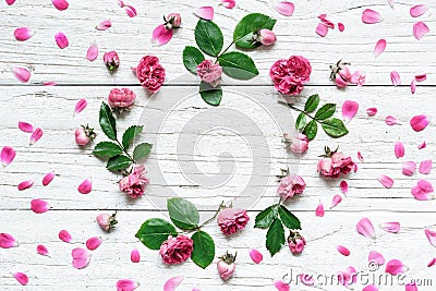 Round frame flower pattern with roses flowers, buds, petals, branches and leaves Stock Photo