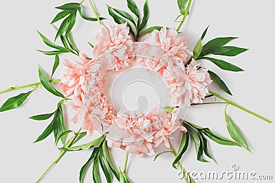 Round frame of flowers on a white background. light coral fresh peony flowers. flat lay, top view Stock Photo