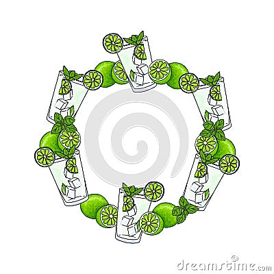 Round frame of glass of mojito, mint leaves, lime slice and whole lime. Hand drawing.Vector illustration. cartoon style Vector Illustration