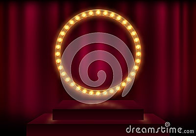 Round frame with glowing shiny light bulbs, vector illustration. Shining party banner on red curtain background and stage podium. Vector Illustration