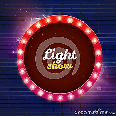 Round frame with glowing shiny light bulbs, vector illustration. Shining party banner. Signboard with lamps border for lottery, Vector Illustration