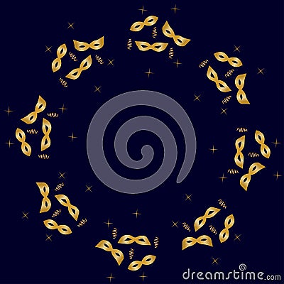 Round frame with golden masks, streamers and stars Vector Illustration