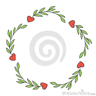 Round frame heart with green leaves branch devider border for love valentine card design Vector Illustration