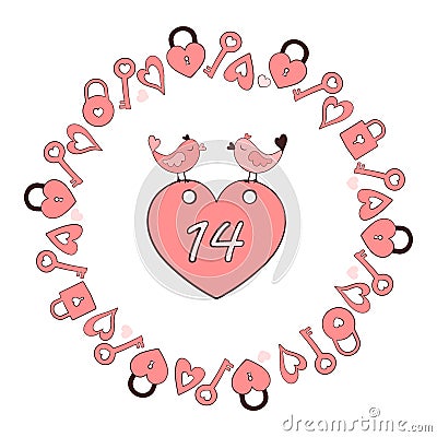 Round frame of heart keys and a heart-lock with a heart for February 14 Vector Illustration