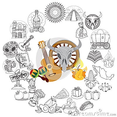 Round frame with household items and traditional Mexican food. Guitar, maracas. Cow skull on a wheel Stock Photo