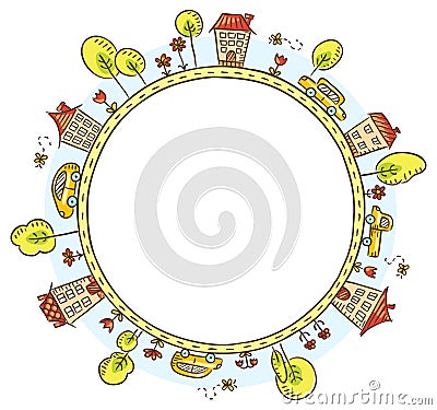 Round Frame with Houses, Cars, Trees and Flowers Vector Illustration