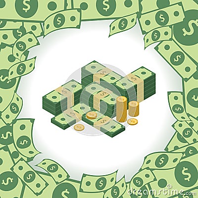 Round frame made of dollars. Stack of money. Element for your business presentation. Vector Illustration