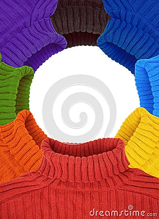 Round frame of multi color rainbow sweaters Stock Photo