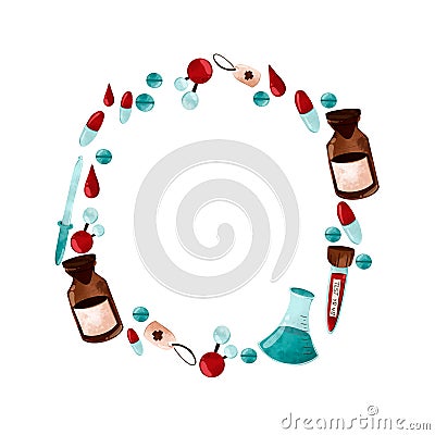 Round frame of pharmacy cans, pills, laboratory flasks. Digital texture art on a white background. Print for banners, posters, pap Stock Photo